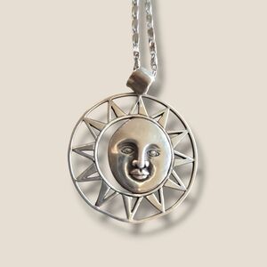Vintage Silver Sun Face Pendant Necklace